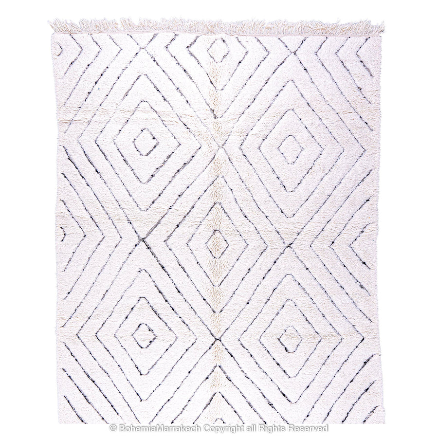 White Moroccan wool shag rug with black diamond lines