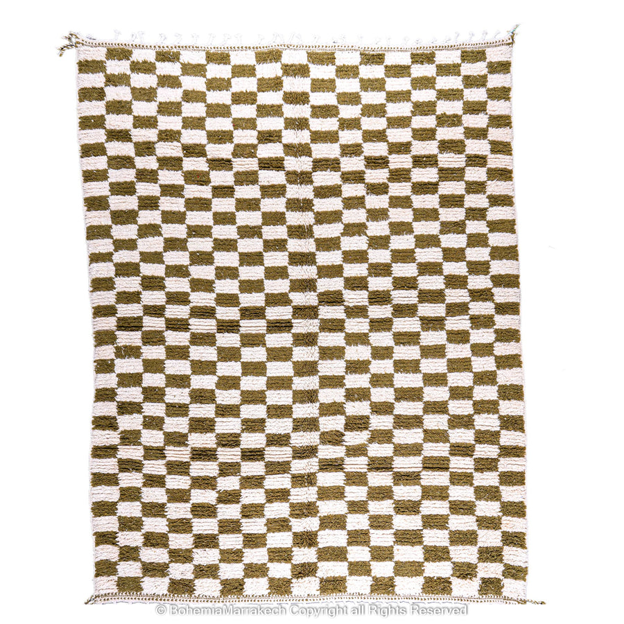 Handwoven green and white checkered Moroccan wool rug