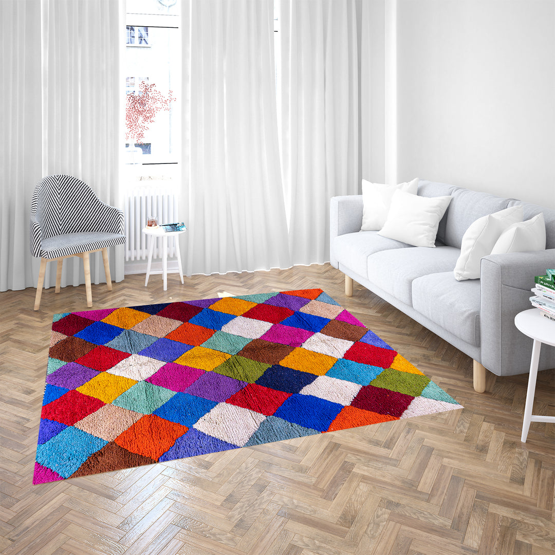 Handmade colorful Moroccan rug with diamond pattern