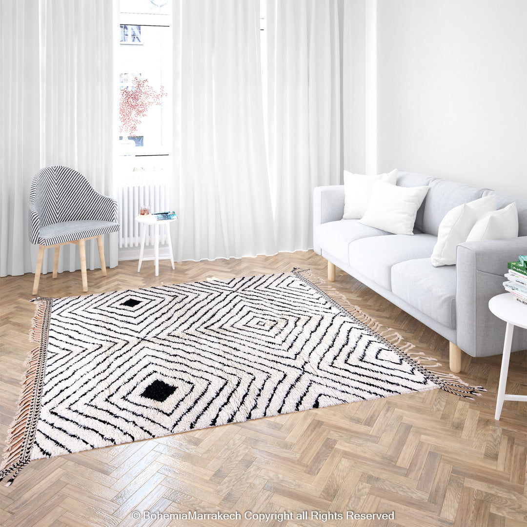 Black and white Beni Ourain Moroccan wool rug with bold geometric diamond design – handmade runner rug