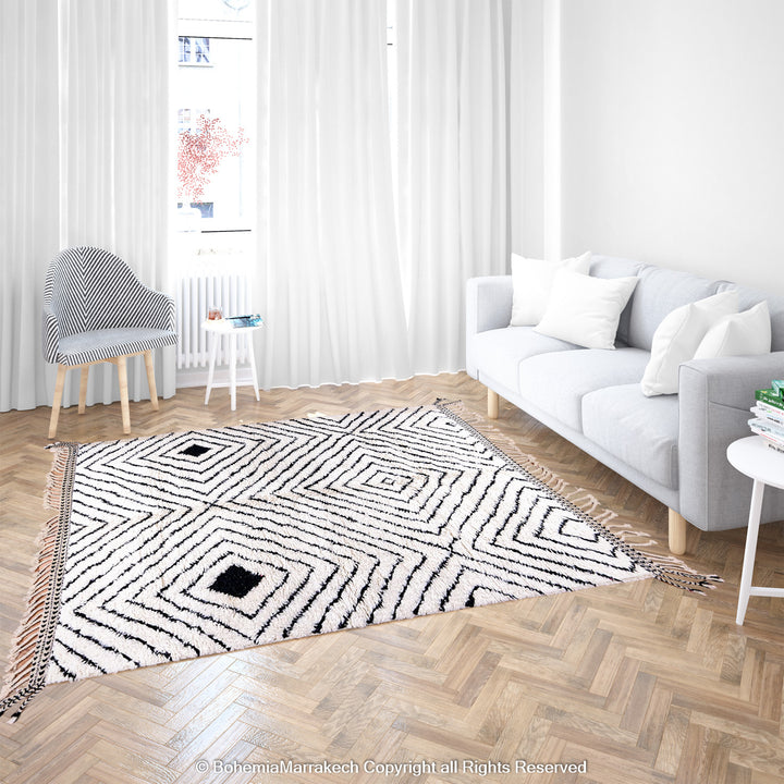 Black and white Beni Ourain Moroccan wool rug with bold geometric diamond design – handmade runner rug