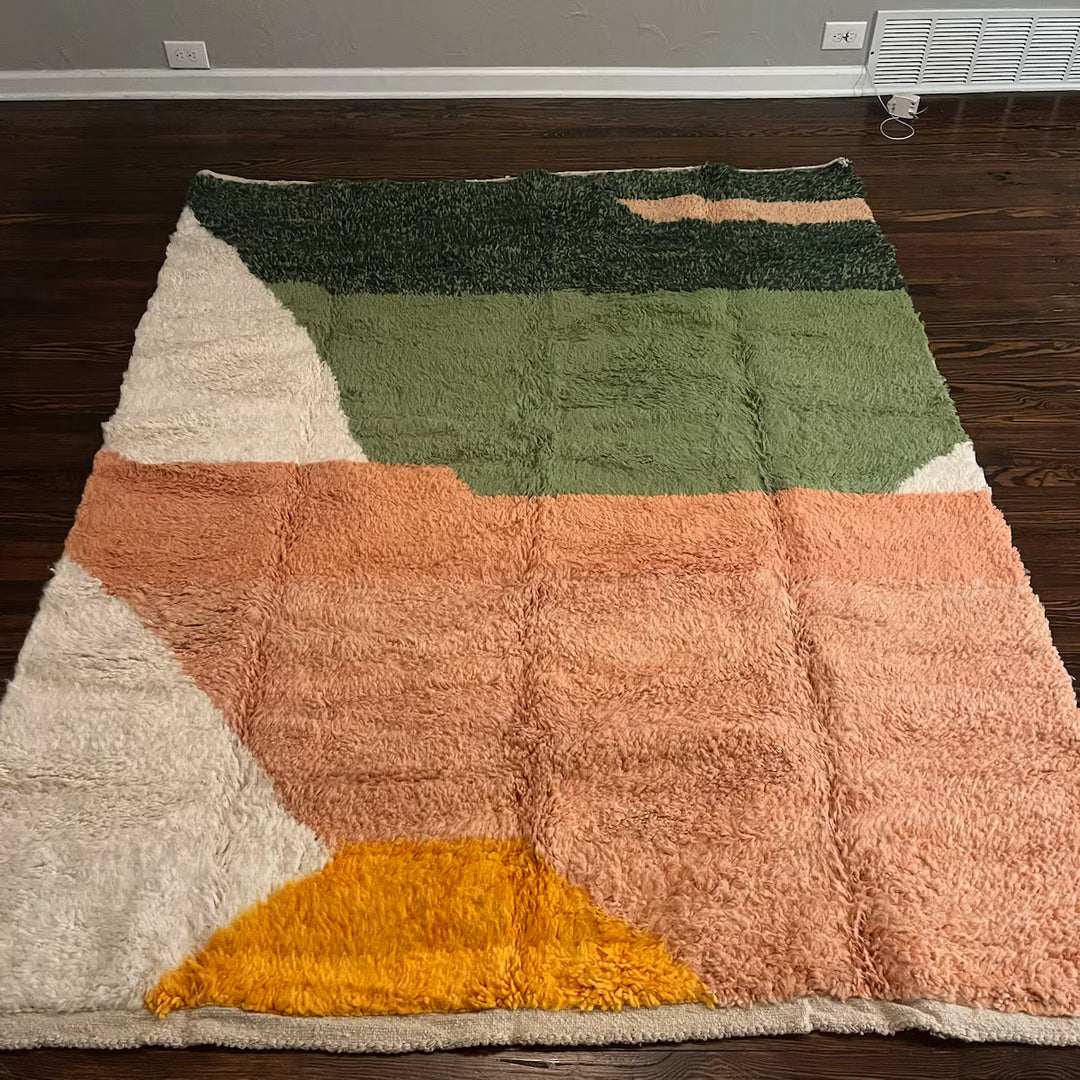 Custom Green, Pink & White Moroccan Wool Rug – Handmade