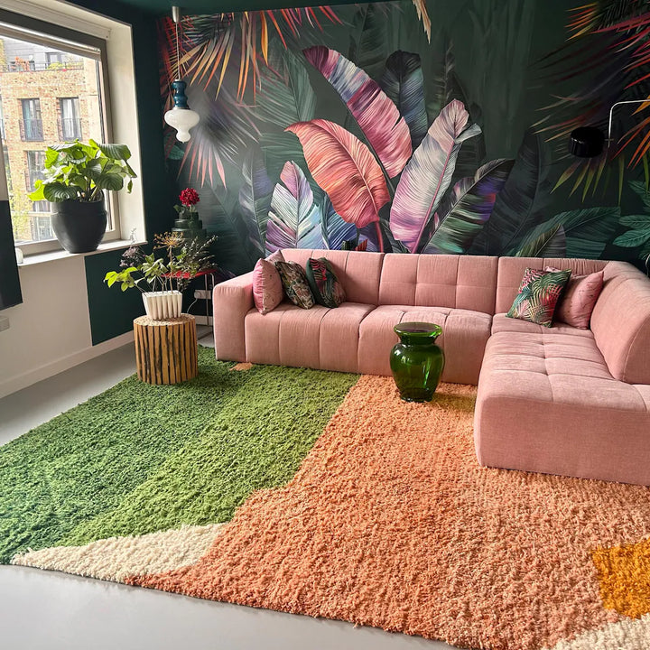 Custom Green, Pink & White Moroccan Wool Rug – Handmade