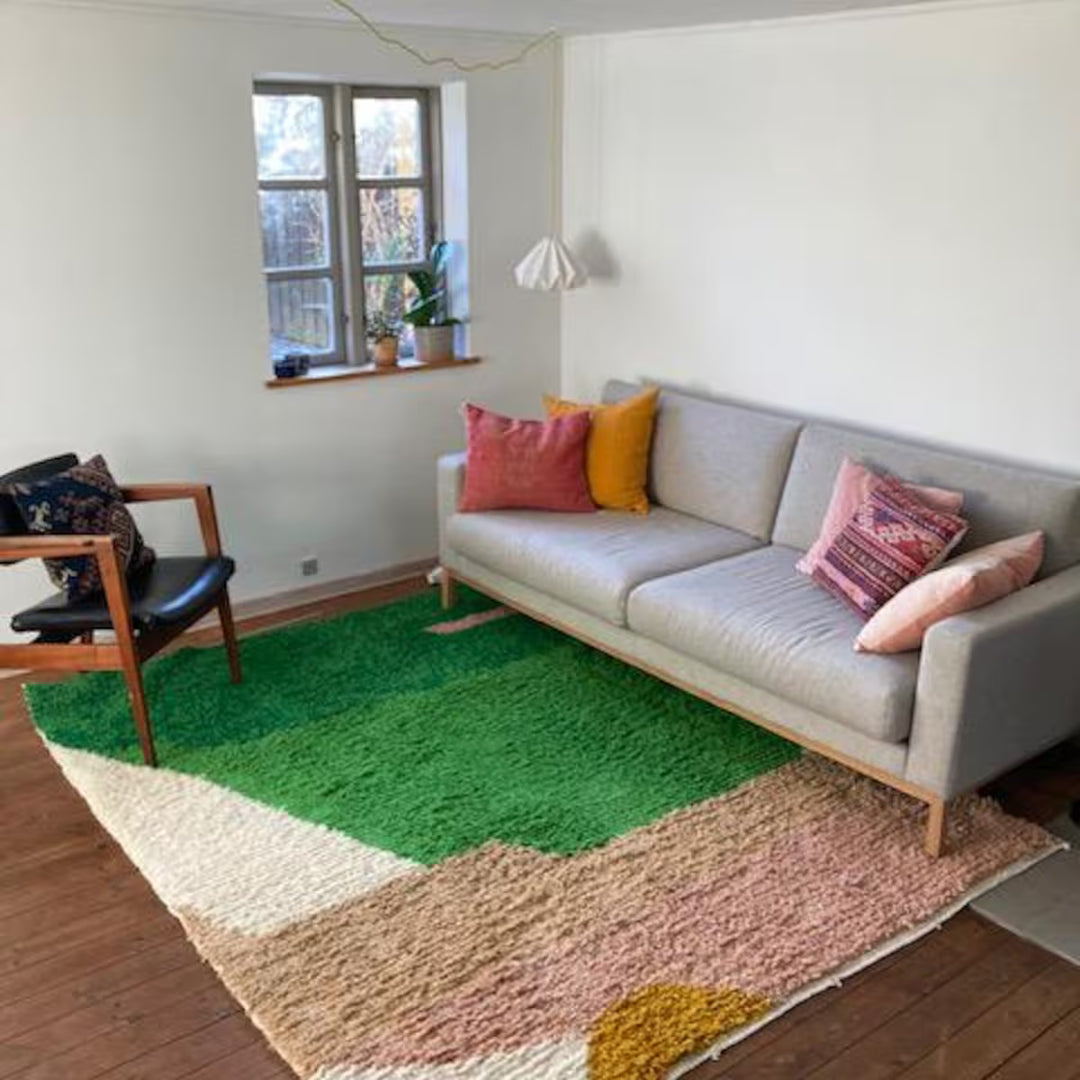 Custom Green, Pink & White Moroccan Wool Rug – Handmade