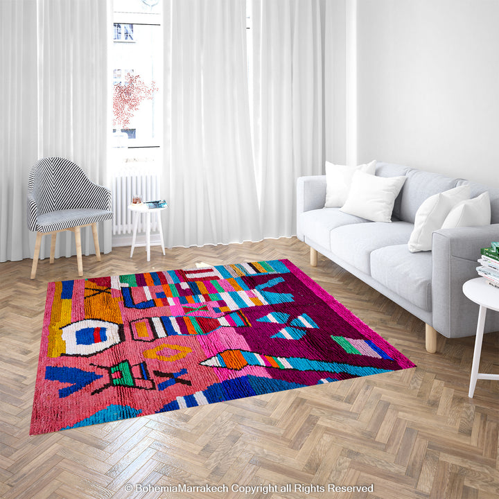 Colorful handmade Moroccan Boujaad rug with abstract Berber motifs and bold colors