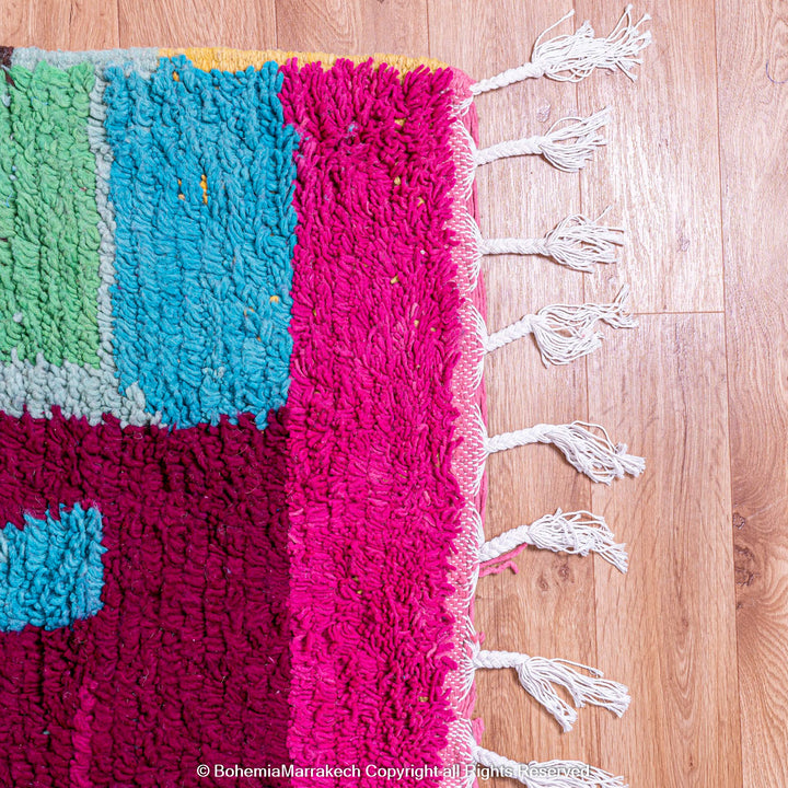 Colorful handmade Moroccan Boujaad rug with abstract Berber motifs and bold colors