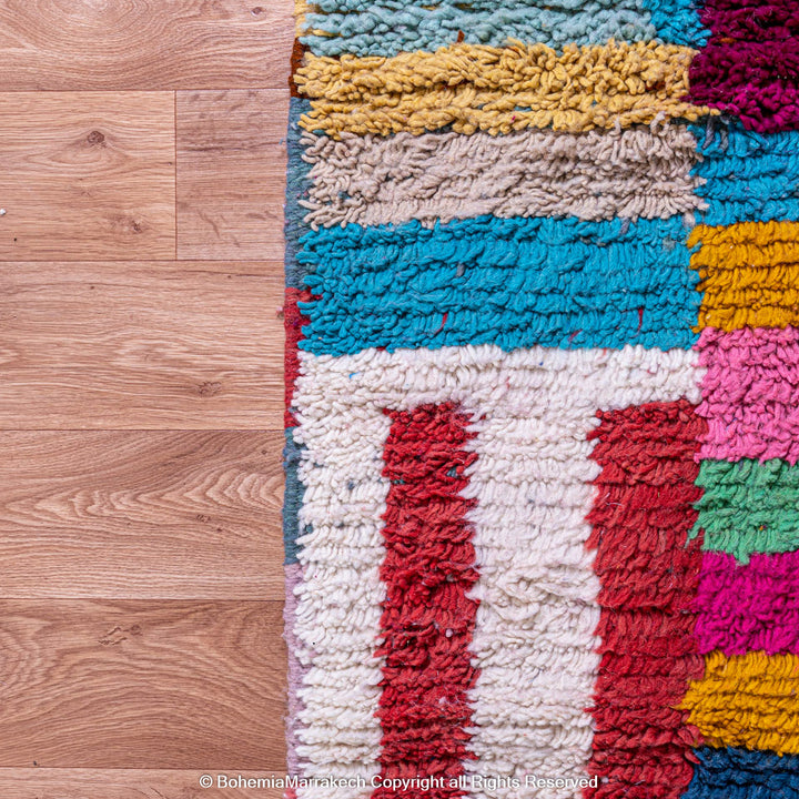 Colorful handmade Moroccan Boujaad rug with abstract Berber motifs and bold colors