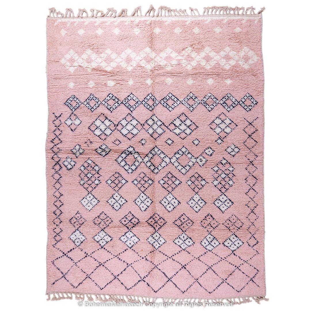 Pink Boujaad Moroccan rug with handwoven diamond tribal motifs in natural wool