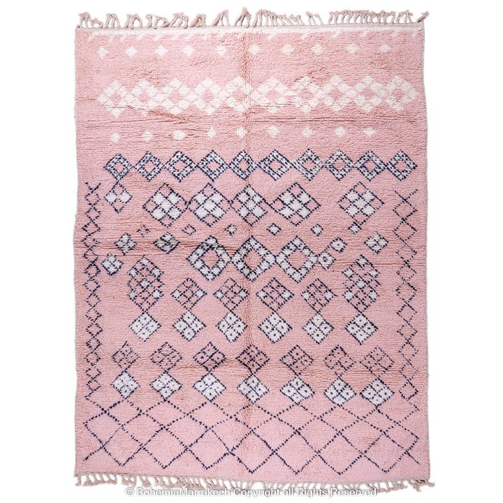 Pink Boujaad Moroccan rug with handwoven diamond tribal motifs in natural wool