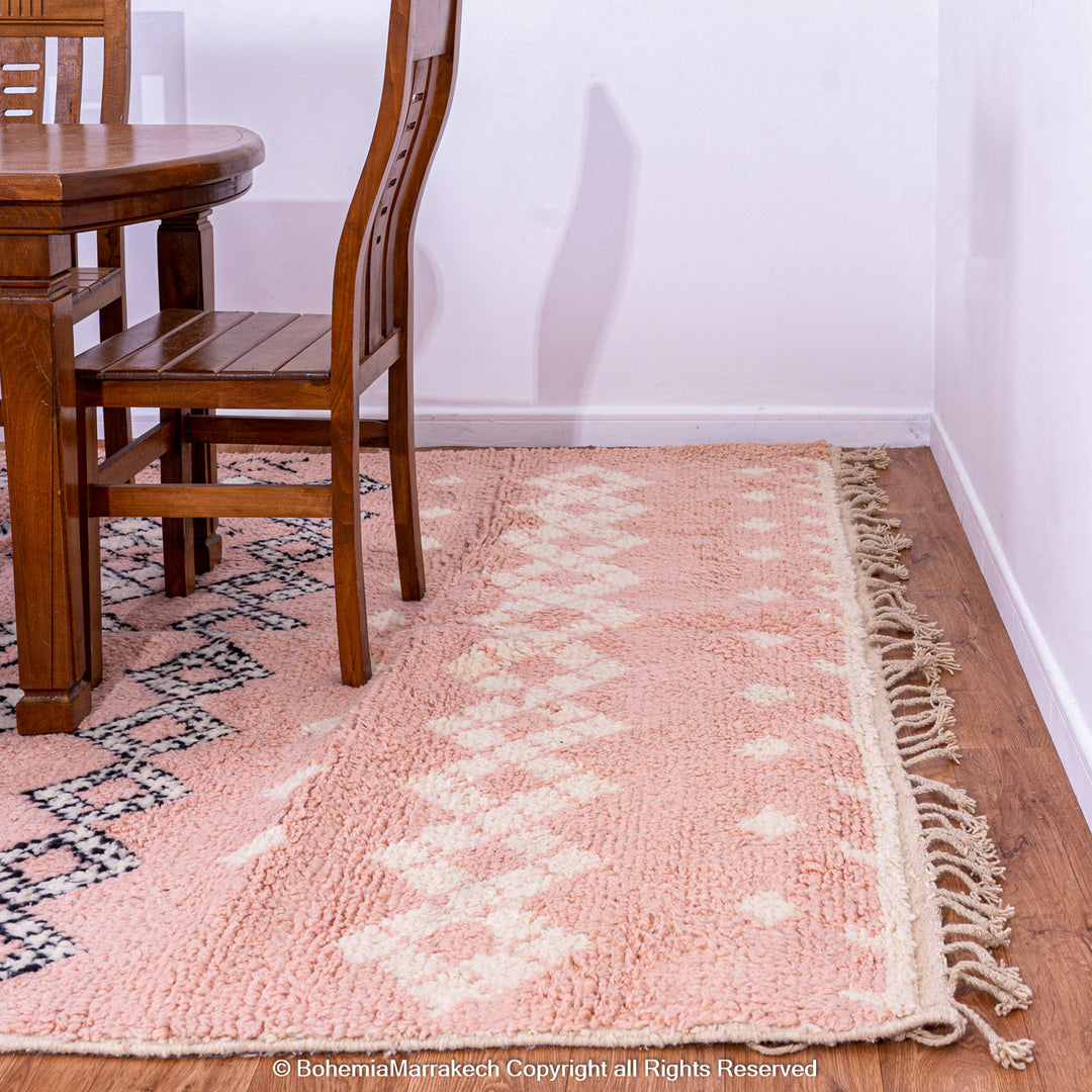 Pink Boujaad Moroccan rug with handwoven diamond tribal motifs in natural wool