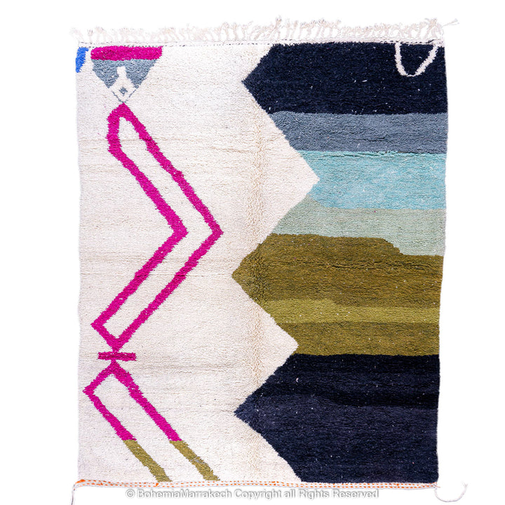 Handmade multicolored Moroccan wool rug with abstract geometric design