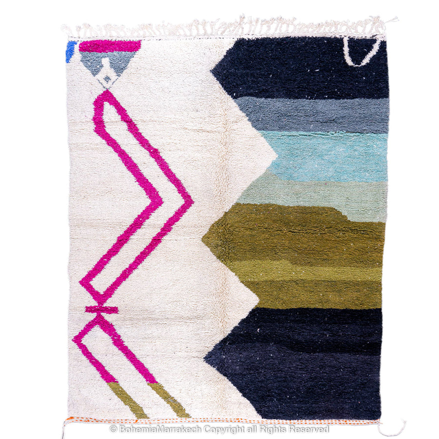 Handmade multicolored Moroccan wool rug with abstract geometric design