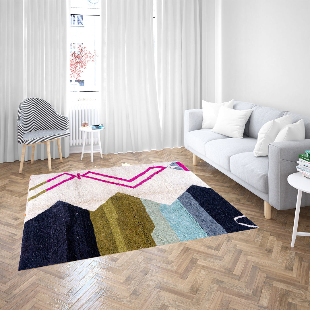 Handmade multicolored Moroccan wool rug with abstract geometric design