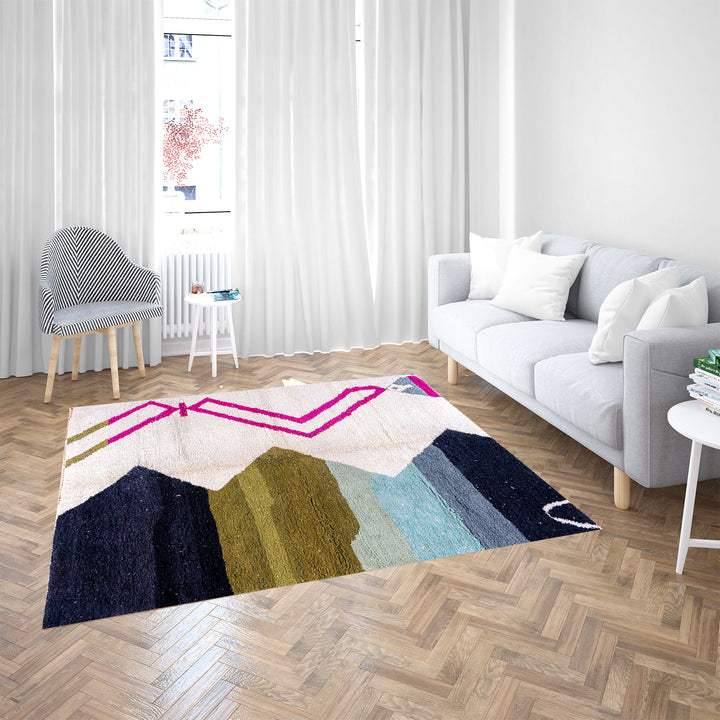 Handmade multicolored Moroccan wool rug with abstract geometric design