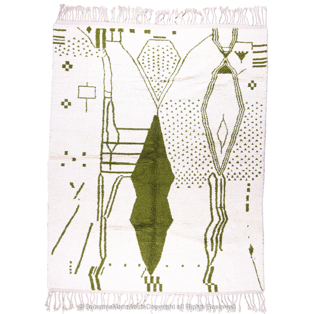 Green and white Azilal-style Moroccan rug with abstract Berber motifs, handmade in soft wool