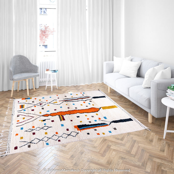 Abstract multicolored Azilal Moroccan rug with bold orange and yellow Berber motifs on wool background – handmade boho carpet