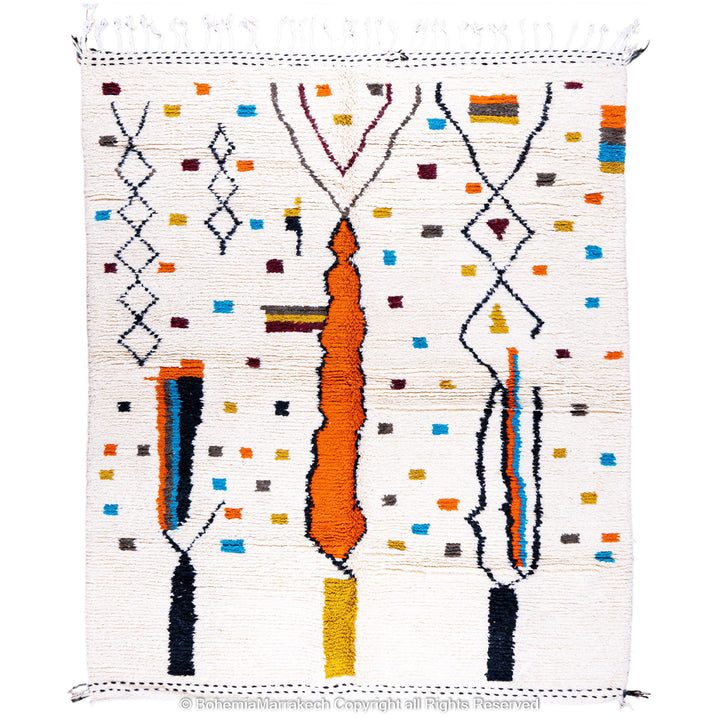 Abstract multicolored Azilal Moroccan rug with bold orange and yellow Berber motifs on wool background – handmade boho carpet