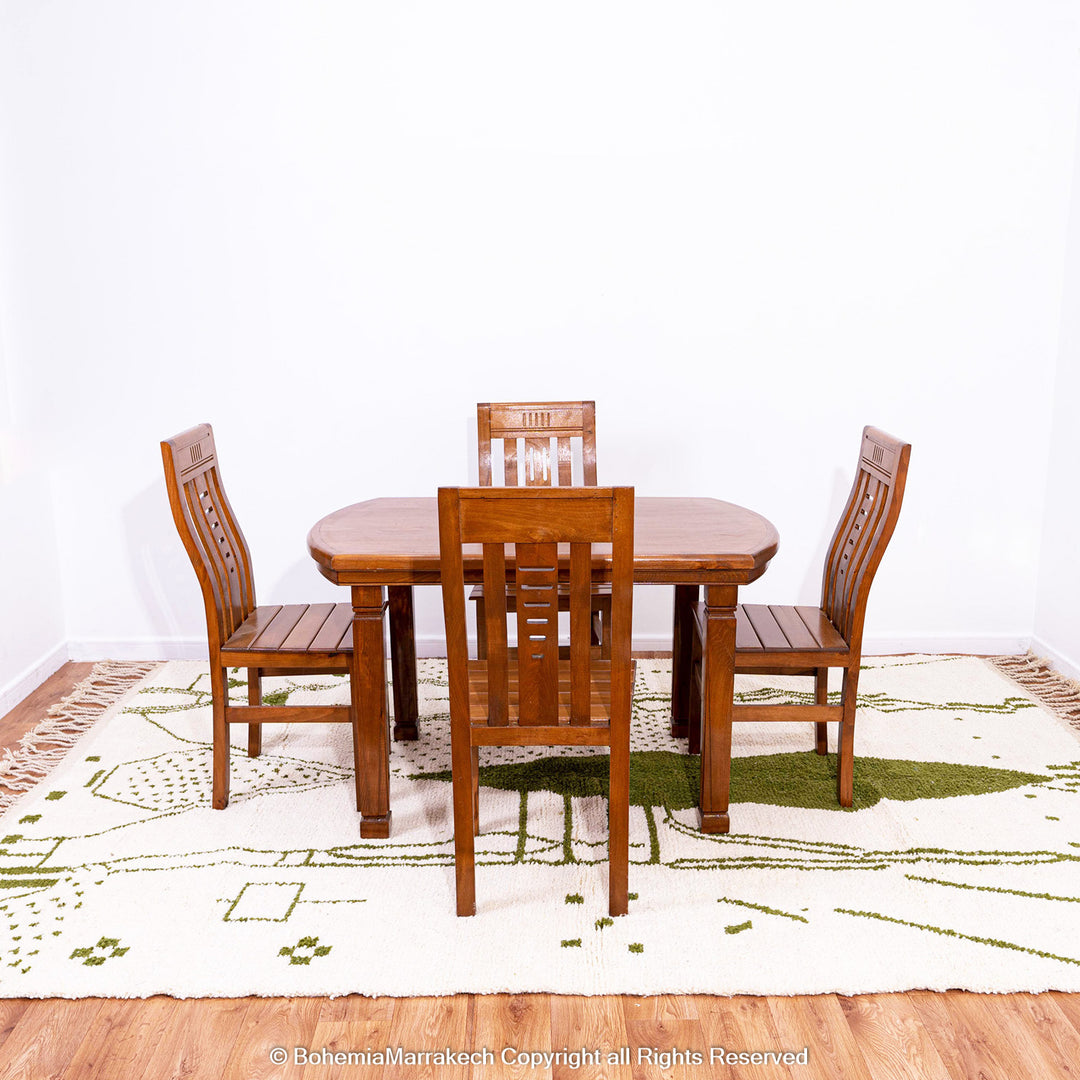 Green and white Azilal-style Moroccan rug with abstract Berber motifs, handmade in soft wool