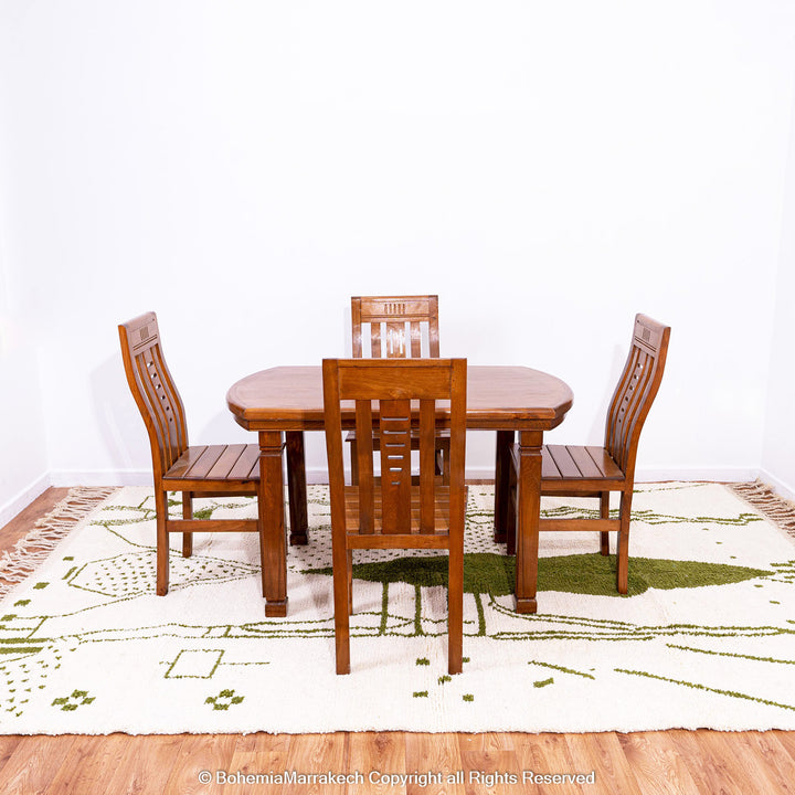 Green and white Azilal-style Moroccan rug with abstract Berber motifs, handmade in soft wool