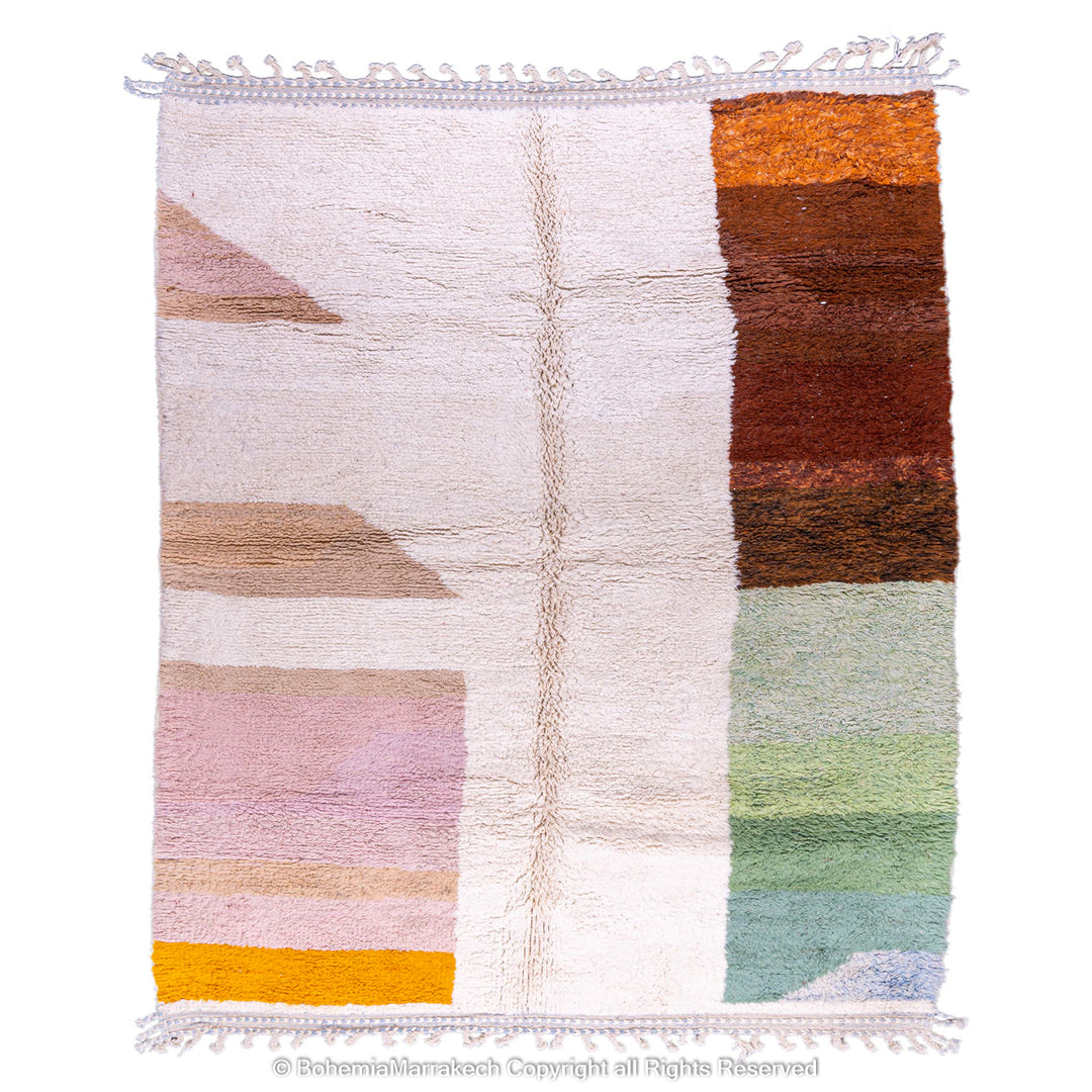 Handmade colorful striped Moroccan wool rug with earth tones and pastels, perfect for adding charm to interiors.