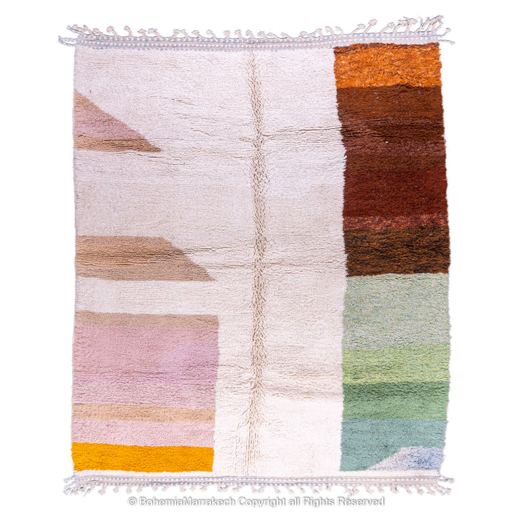 Handmade colorful striped Moroccan wool rug with earth tones and pastels, perfect for adding charm to interiors.