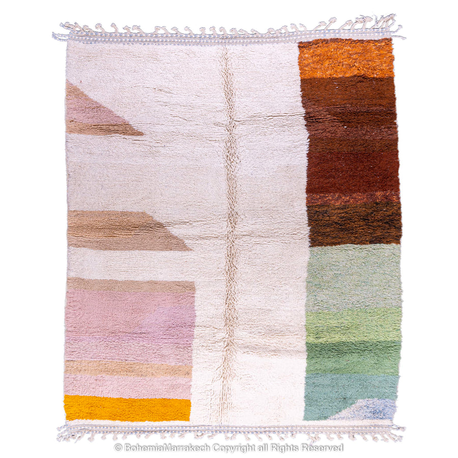 Handmade colorful striped Moroccan wool rug with earth tones and pastels, perfect for adding charm to interiors.