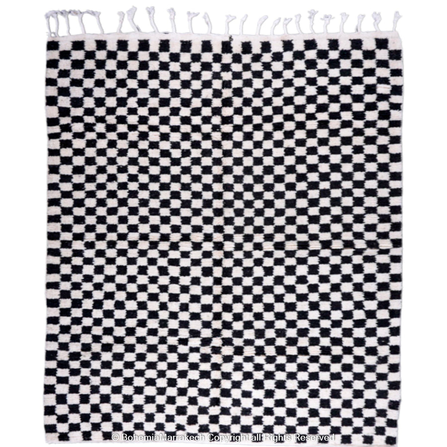 Black and White Checkered Moroccan Rug - Beni Ourain, handcrafted wool rug, modern Berber design, area rug from Morocco.
