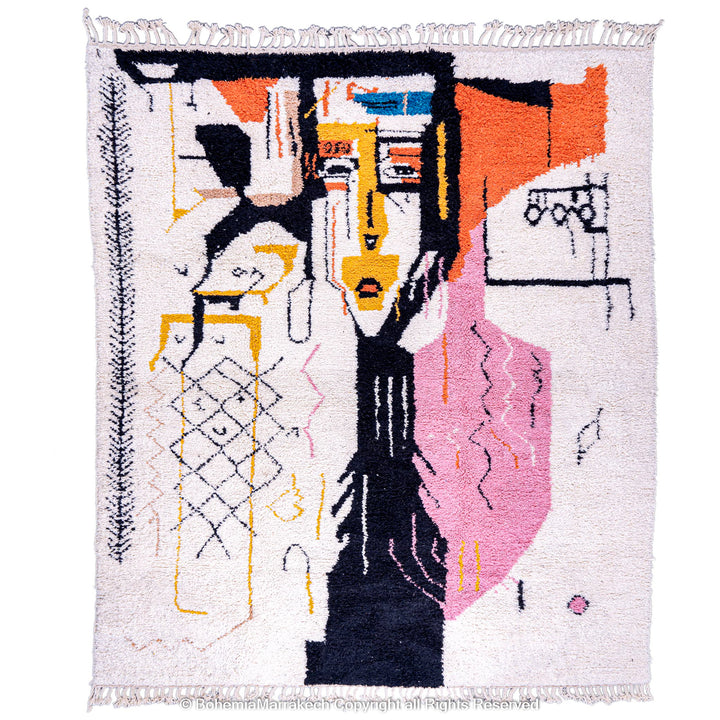 Abstract Face Moroccan Rug with hand-drawn motifs in pink, yellow, orange, black on natural wool background. Handmade art carpet.