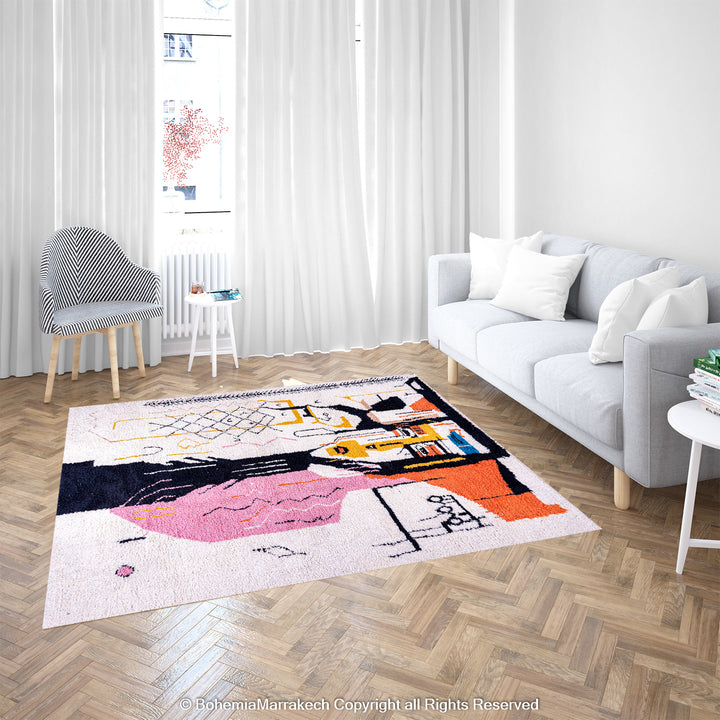Abstract Face Moroccan rug in living room, handmade wool art carpet with pink, yellow, orange, black elements - Boho decor.