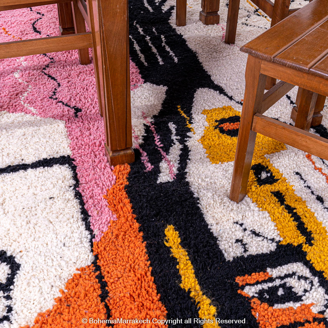 Abstract Face Moroccan Berber Rug with colorful motifs in pink, yellow, and orange, perfect for modern home decor.