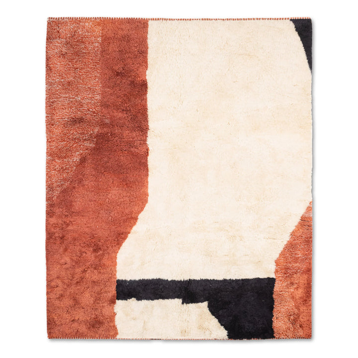 Custom Moroccan rug in terracotta, ivory, black; handwoven wool with abstract design. Perfect for living room. 8x10 size available.