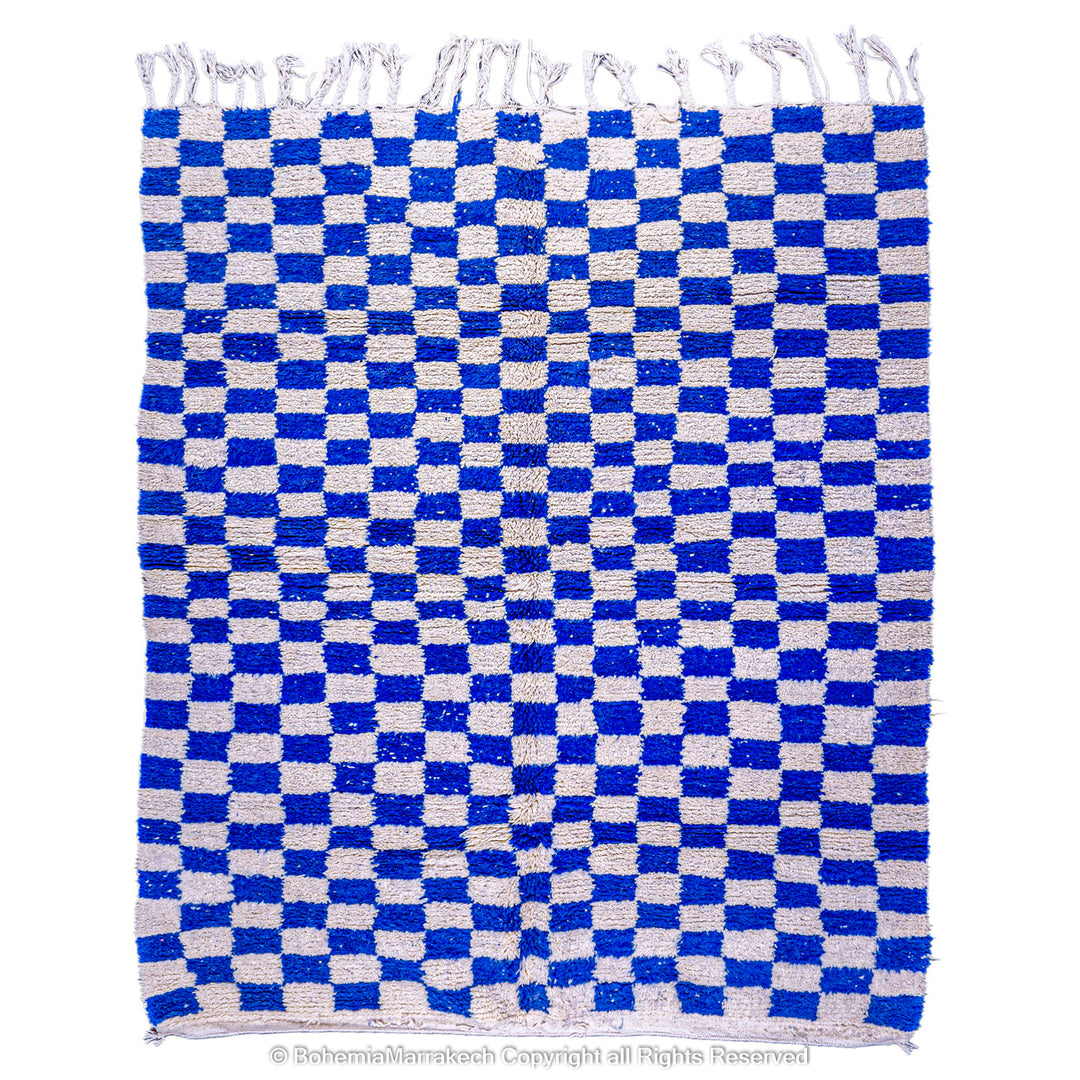 Handmade blue white checkered Moroccan wool rug, Berber design, ideal for eclectic interiors, 8x10 traditional Moroccan carpet.
