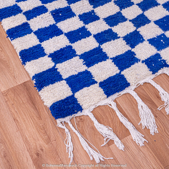 Blue white checkered Moroccan wool rug, handcrafted Berber carpet, perfect for eclectic and minimal interiors, 8x10 area rug.