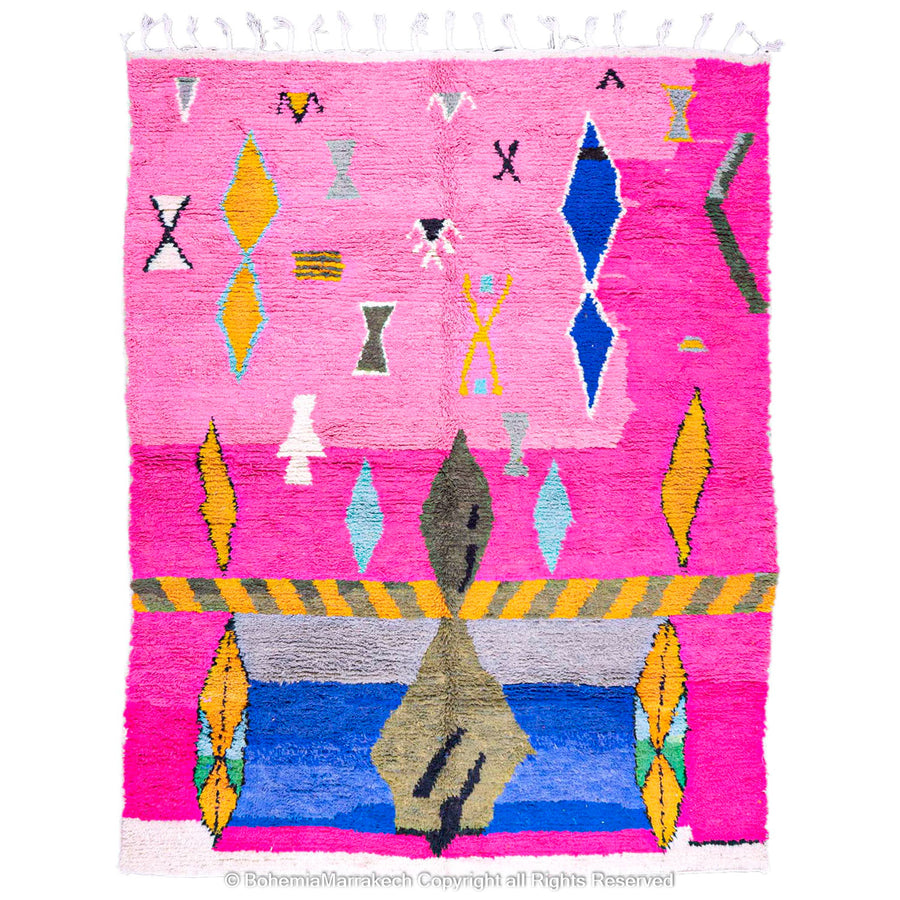 Handmade pink Moroccan rug with multicolor tribal geometric motifs, crafted in wool by Berber artisans