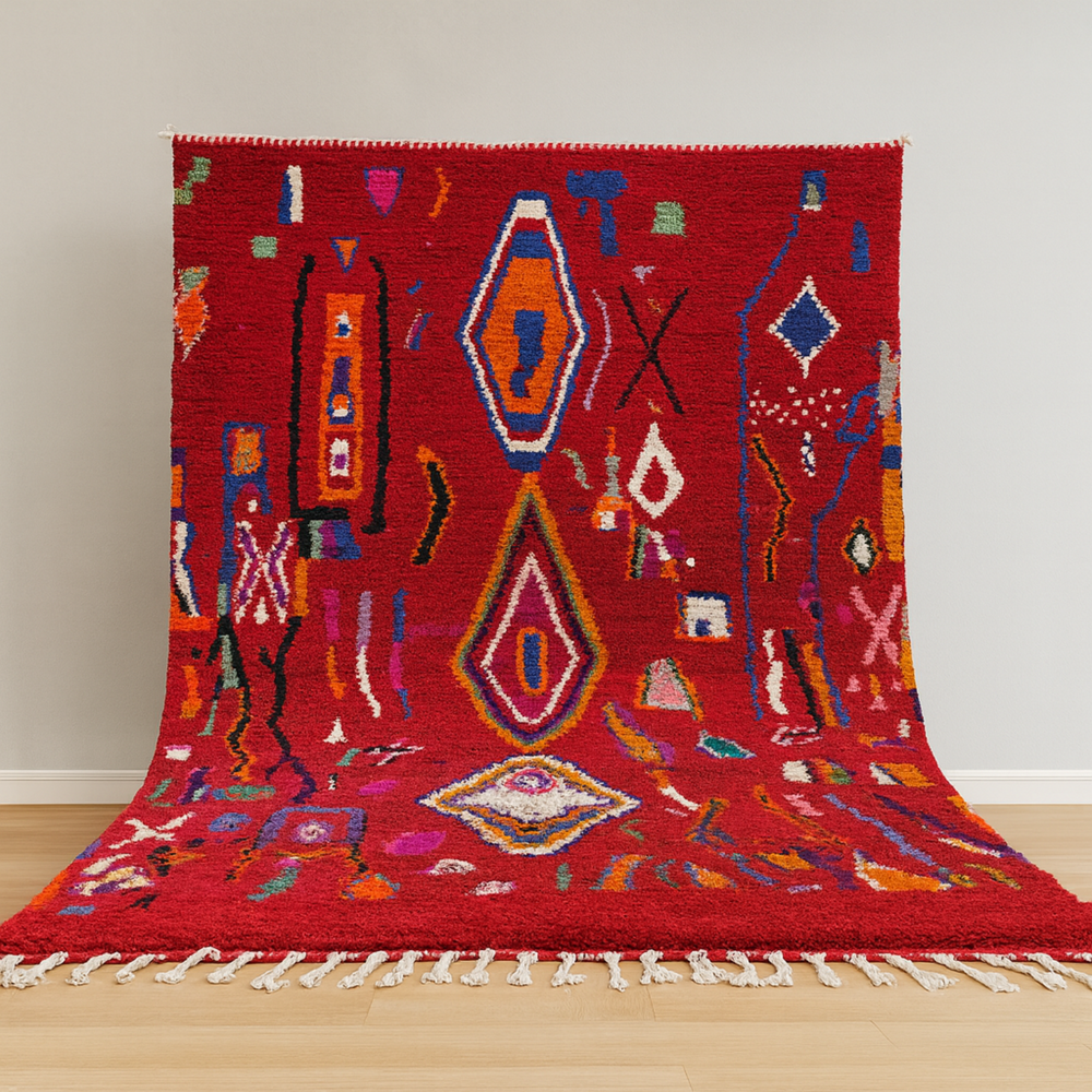 Red patterned rug with geometric designs on a wooden floor.