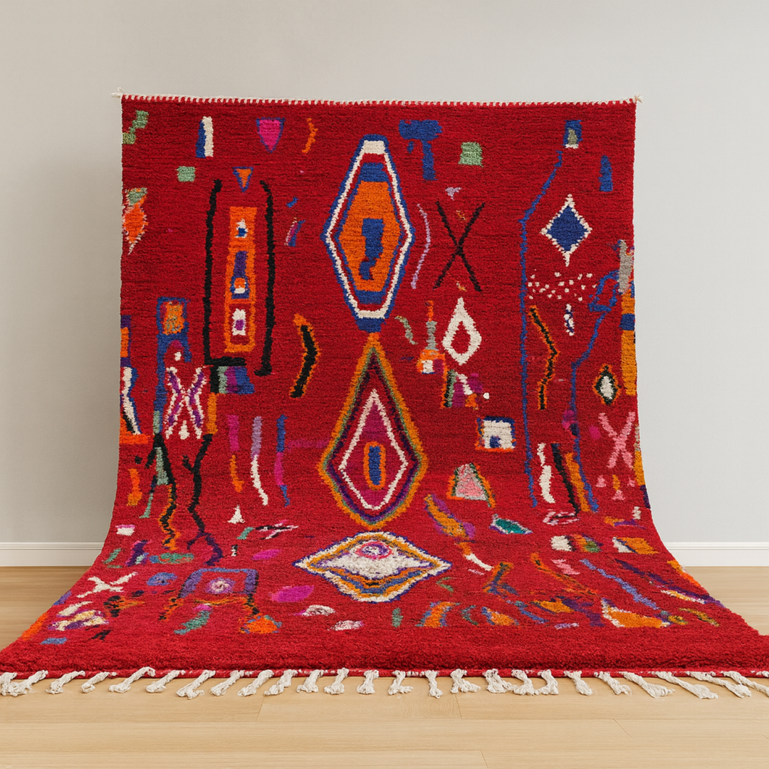 Red patterned rug with geometric designs on a wooden floor.