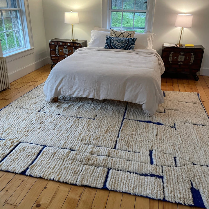 Custom White & Blue Moroccan Wool Rug – Handmade