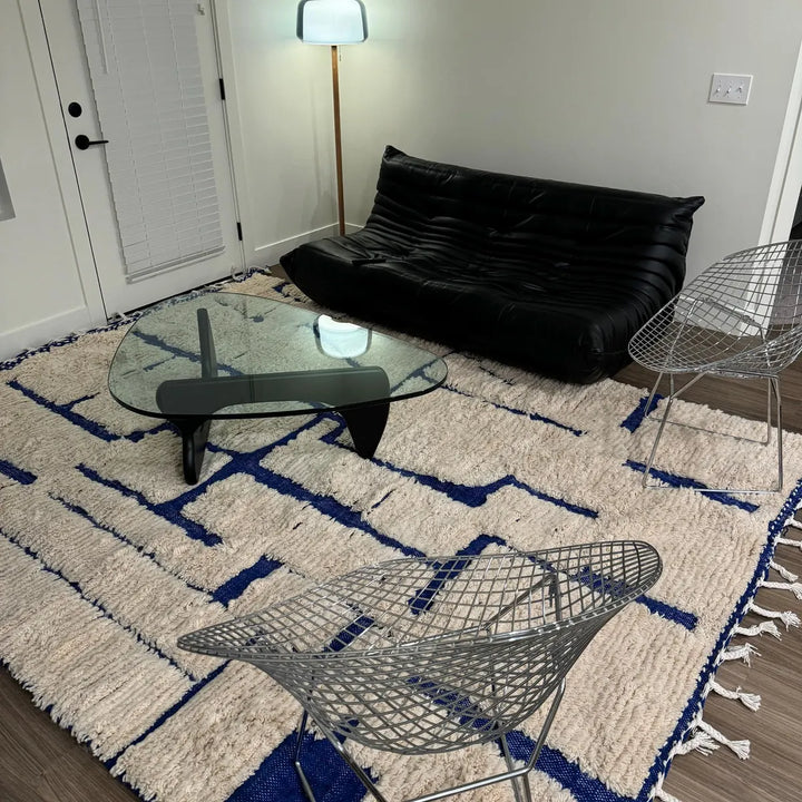Custom White & Blue Moroccan Wool Rug – Handmade