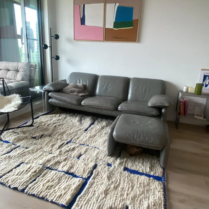 Custom White & Blue Moroccan Wool Rug – Handmade
