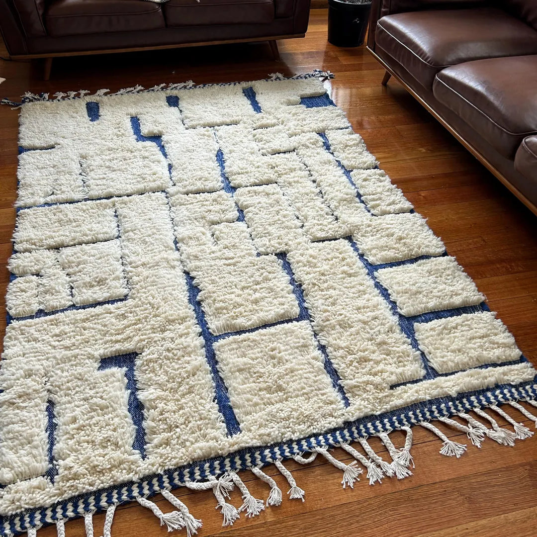 Custom White & Blue Moroccan Wool Rug – Handmade