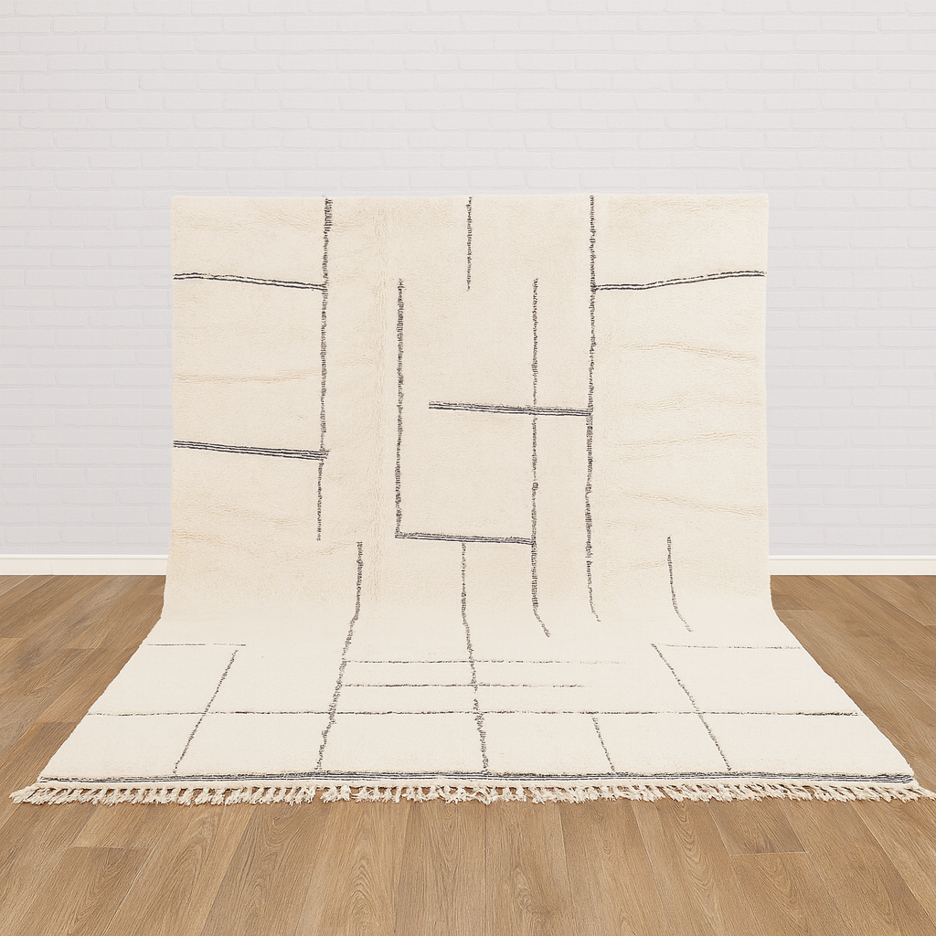 Beige rug with geometric pattern on a wooden floor