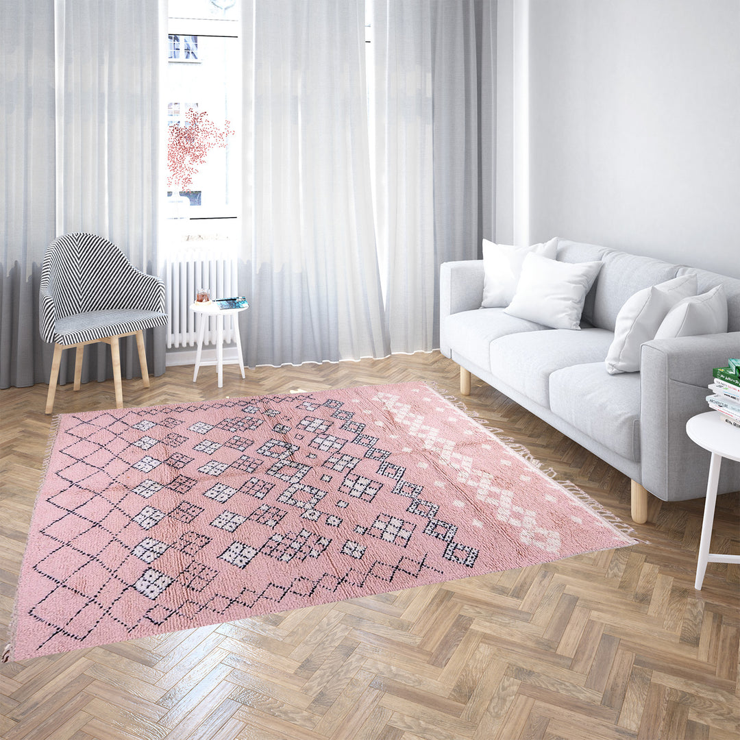 Pink Boujaad Moroccan rug with handwoven diamond tribal motifs in natural wool