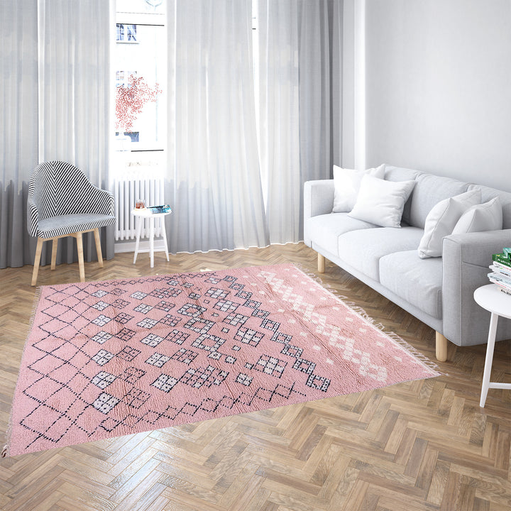 Pink Boujaad Moroccan rug with handwoven diamond tribal motifs in natural wool
