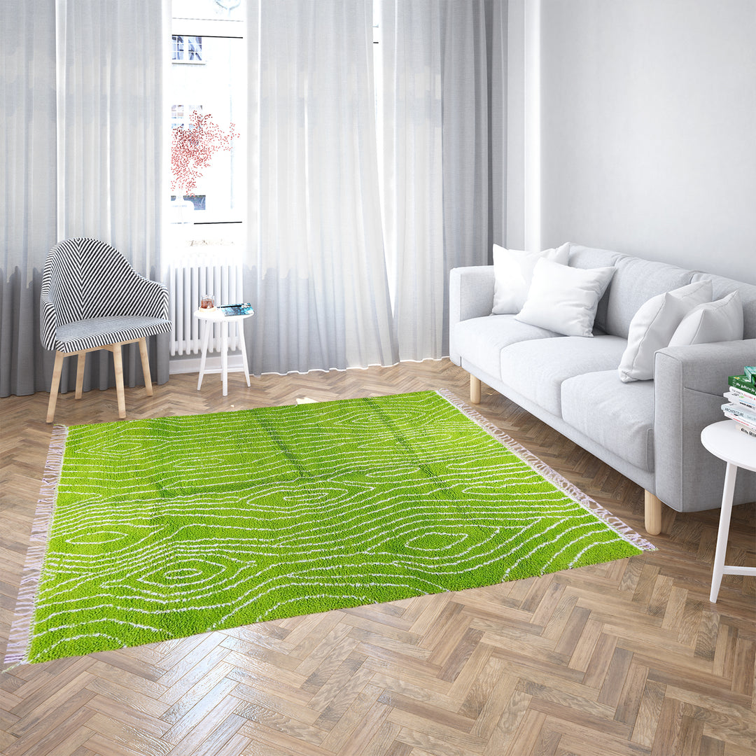 Green Moroccan wool rug with organic line patterns, handmade by Berber artisans