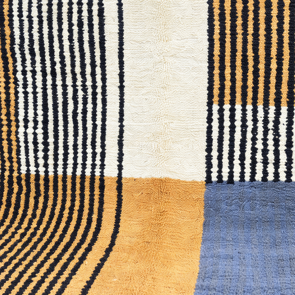 handwoven modern geometric moroccan wool rug with abstract striped and grid pattern