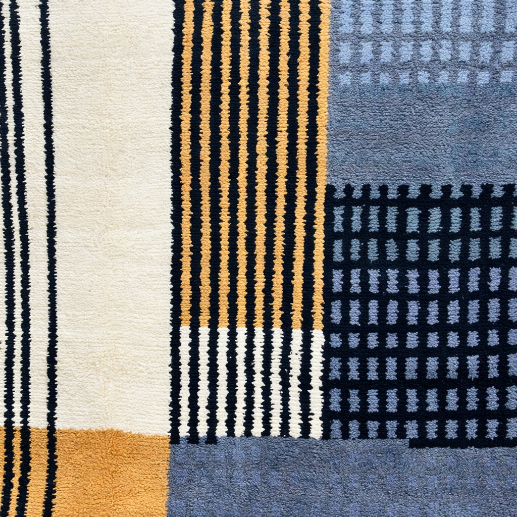 handwoven modern geometric moroccan wool rug with abstract striped and grid pattern