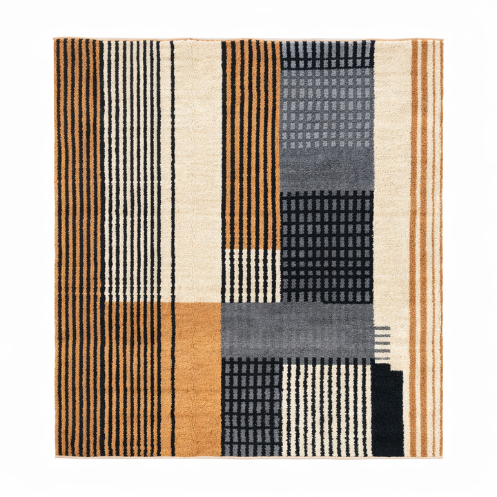 handwoven modern geometric moroccan wool rug with abstract striped and grid pattern
