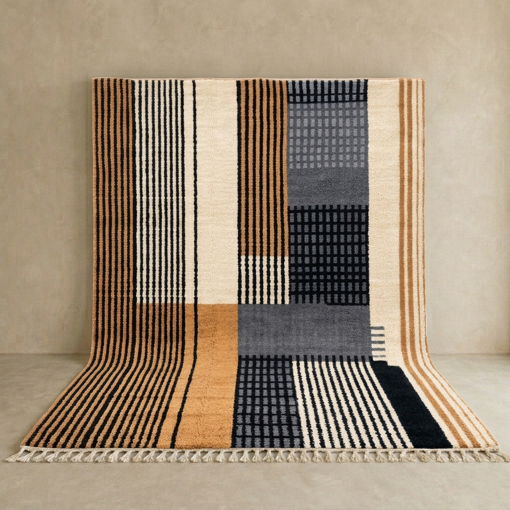 handwoven modern geometric moroccan wool rug with abstract striped and grid pattern