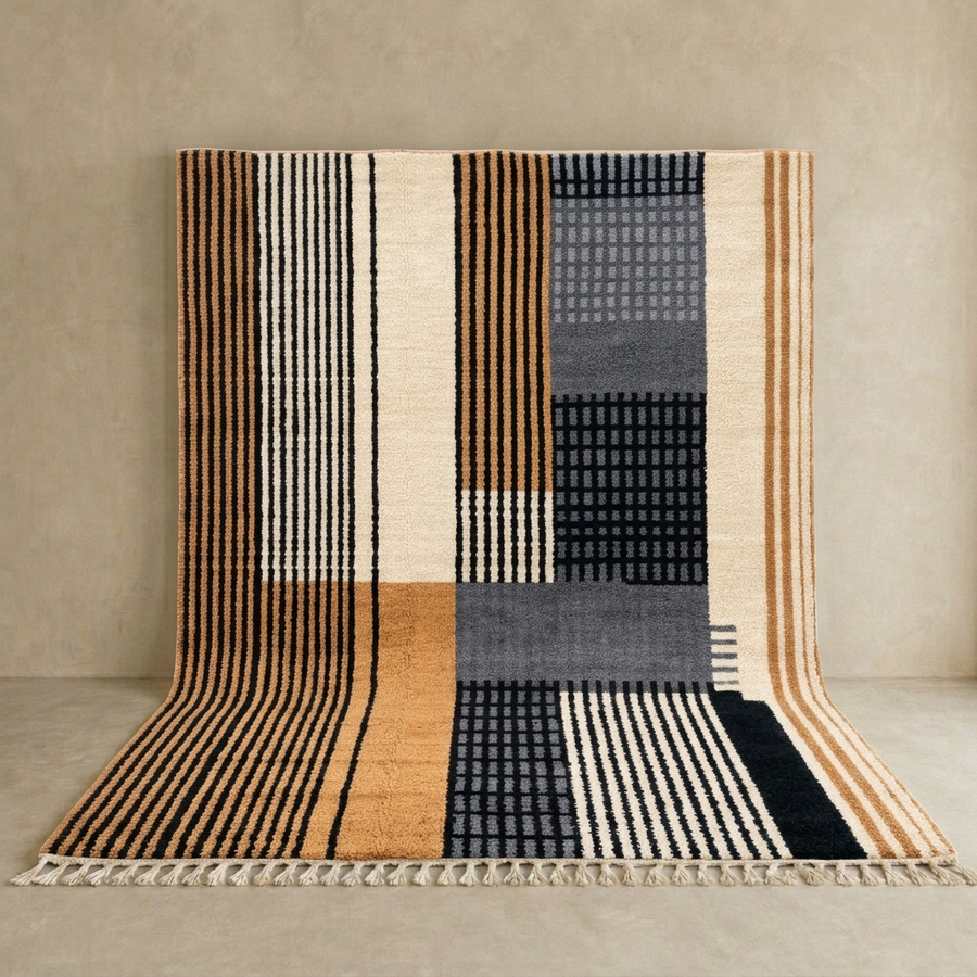 handwoven modern geometric moroccan wool rug with abstract striped and grid pattern