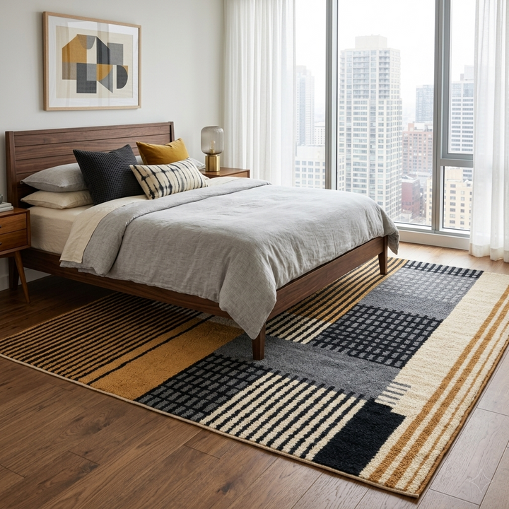 handwoven modern geometric moroccan wool rug with abstract striped and grid pattern